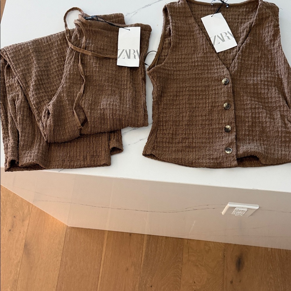 Zara Brown Textured Vest and Pants Set